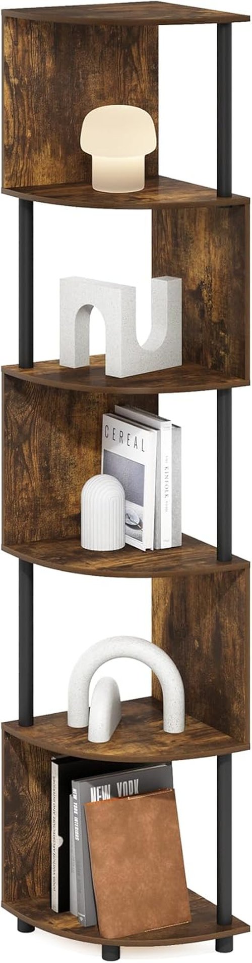 Furinno ECON Corner Shelf - 5-Tier Zigzag Bookshelf for Stylish Storage | Amber Pine Finish