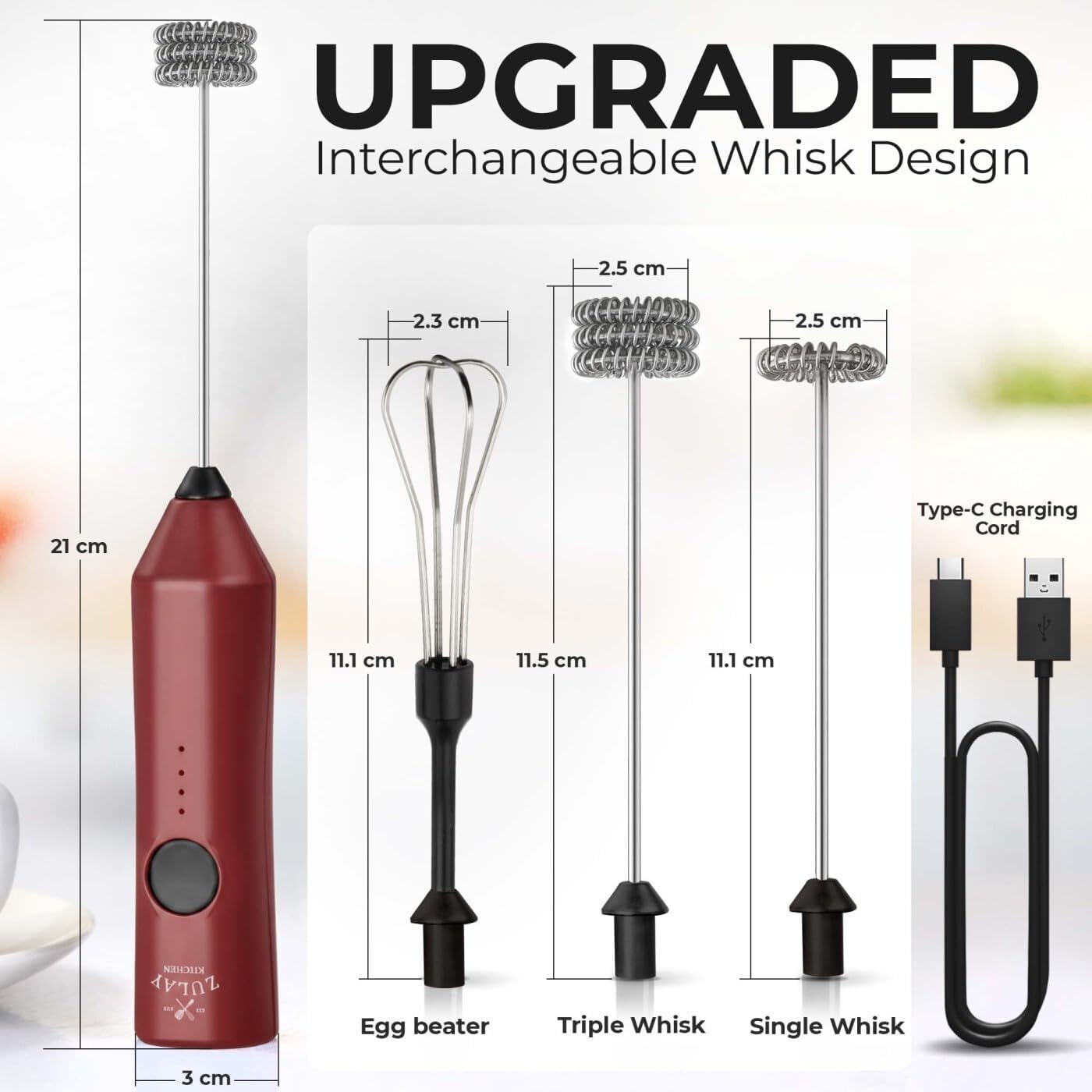 Zulay Kitchen Rechargeable Milk Frother - 3 Speeds & 3 Whisk Attachments - USB Drink Mixer for Lattes & Cappuccinos - Red Black