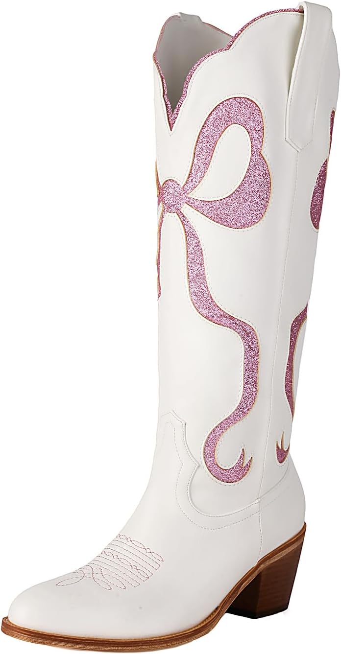 Skiennix Women's White Cowgirl Boots - Knee High Chunky Heel with Bow & Embroidery
