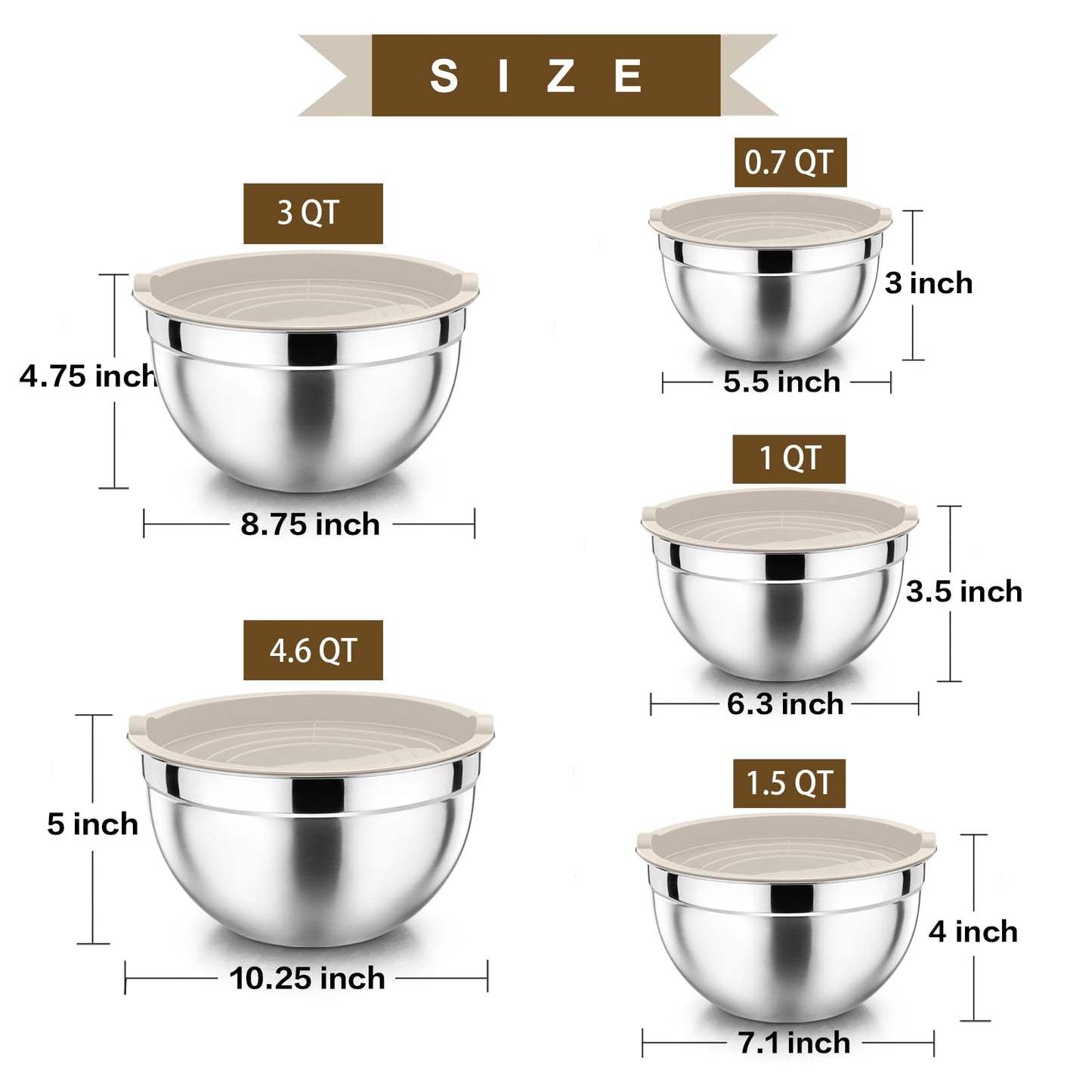 P&P CHEF Mixing Bowls with Airtight Lids Set of 5, 10-Piece Stainless Steel Mixing Nesting Bowl, Metal Bowl with Lid for Kitchen Prepping & Storing, Size 4.6, 3, 1.5, 1, 0.7 QT, Khaki