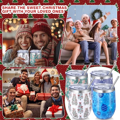 Sliner 12-Pack Christmas Wine Tumblers with Lids & Straws Snowy