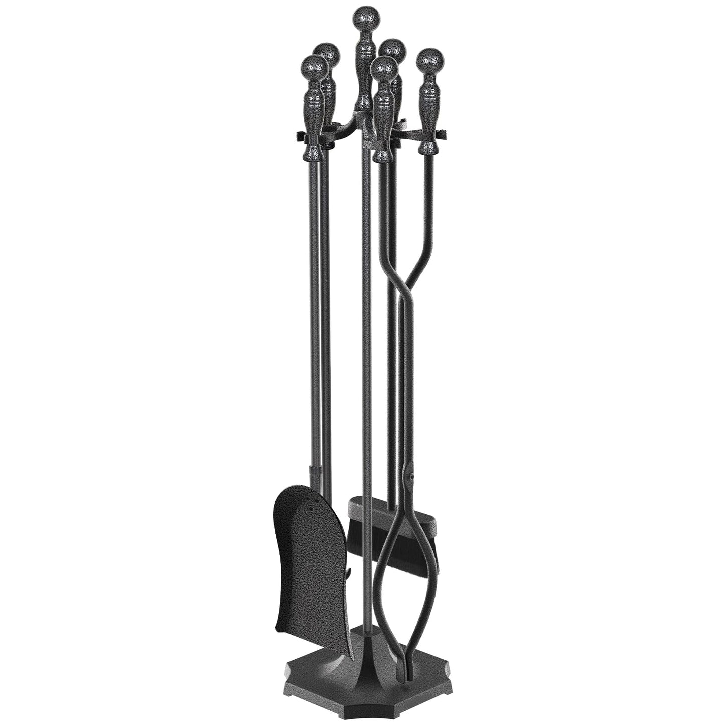 LOENIY 5 Pieces 31In Fireplace Tools Set, Wrought Iron Fireplace Tools with Ergonomic Handle, Fireplace Accessories Set Included Tong, Shovel, Base, Poker and Brush for Indoor & Outdoor (Grey)