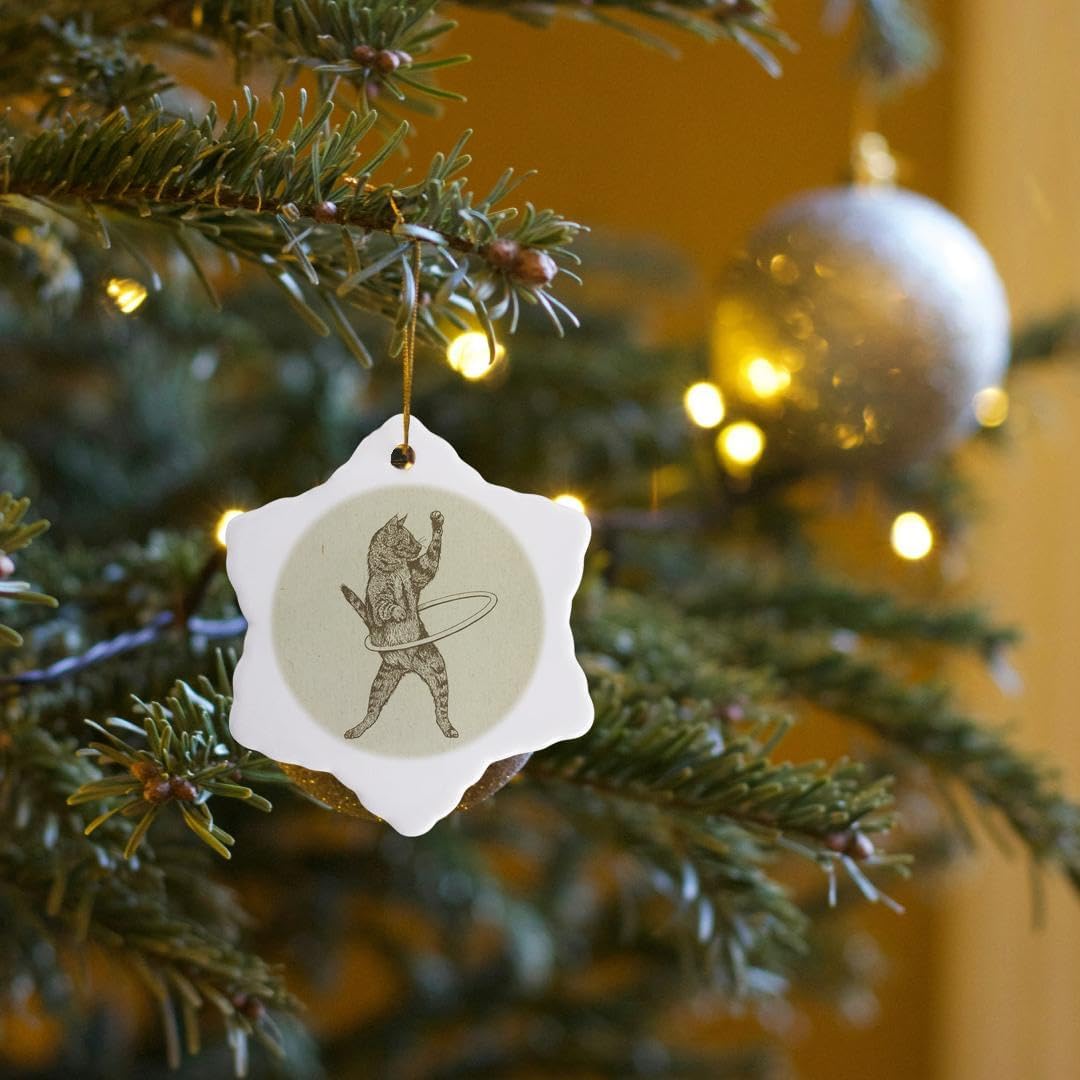 Hula Kitty Snowflake Ornament - 3-Inch Porcelain Cat Hooping Design