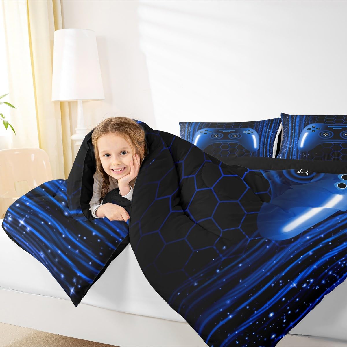 Erosebridal Kids Gamer Full Comforter Set for Boys Bedroom Neon Lights Dark Blue Gaming Bedding Set for Kids Teens Game Console Quilt Striped Honeycomb Hexagon Comforter Geometric Duvet Insert