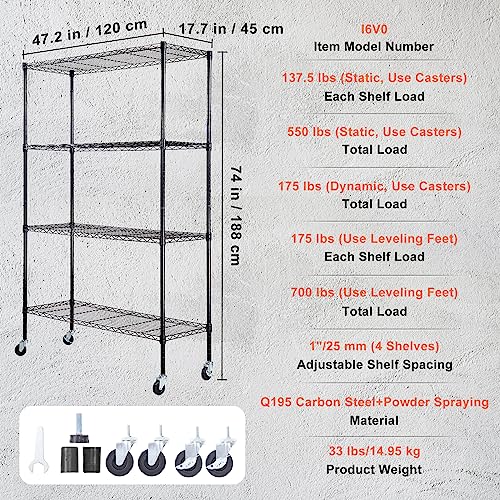 Black 4-Tier Adjustable Metal Storage Shelving Unit - 48 x 18 x 74 Inches, Garage & Basement Organization