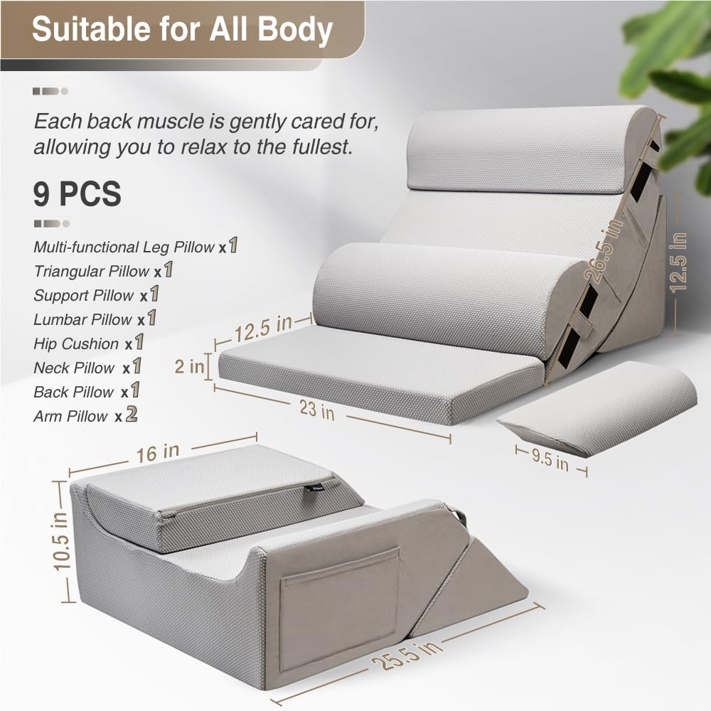Skiennix 9PCS Orthopedic Bed Wedge Pillow Set - Adjustable Memory Foam for Post-Surgery Recovery | Pain Relief for Back & Legs