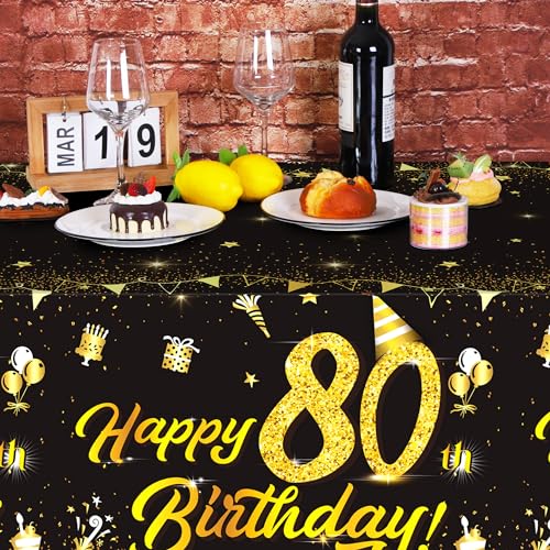 Durony Black Gold 80th Birthday Tablecloth 2 Pack, Waterproof PVC 108 x 54 in