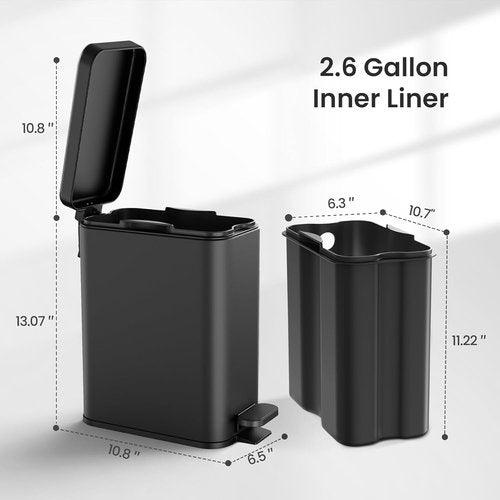 Cesun Bathroom Trash Can - 2.6 Gallon Soft Close Stainless Steel Waste Basket | Black Design for Home & Office