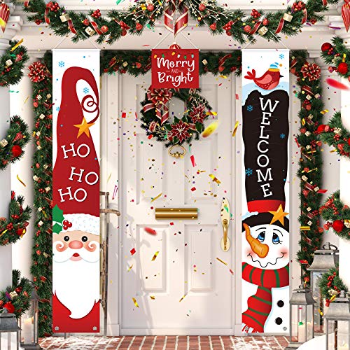 Sumind 3 Pieces Christmas Banner Decorations, Red Welcome Merry Christmas Porch Sign Bright Santa Claus Snowman Door Banner Hanging Decor for Winter Holiday Theme Party Supplies