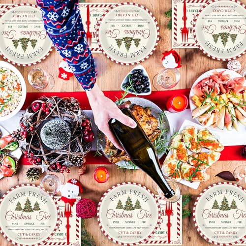 GOLDGAO 200Pcs Christmas Paper Plates & Napkins Old Fashion Farmhouse Tableware Set 9x7in