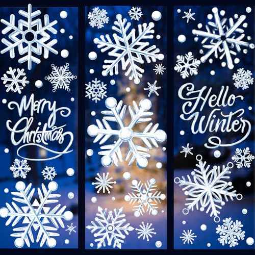 YUJUN 8 Sheets Winter Snowflakes Window Decals,Christmas Blue Oil Painting Snowflakes Stickers for Christmas Glass Home Decor and Xmas Winter Window Decoration