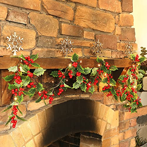 ATDAWN 9 FT Red Berry Christmas Lighted Garland, Battery Operated Christmas Garland with Lights, Flexible Artificial Garland for Indoor Home Fireplace Christmas Holiday New Year Decoration