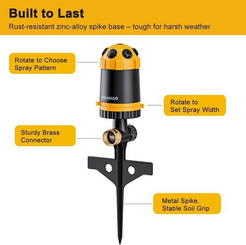 FANHAO Gear Drive Lawn Sprinkler - Heavy Duty 6-Pattern Irrigation System for Large Yards & Gardens