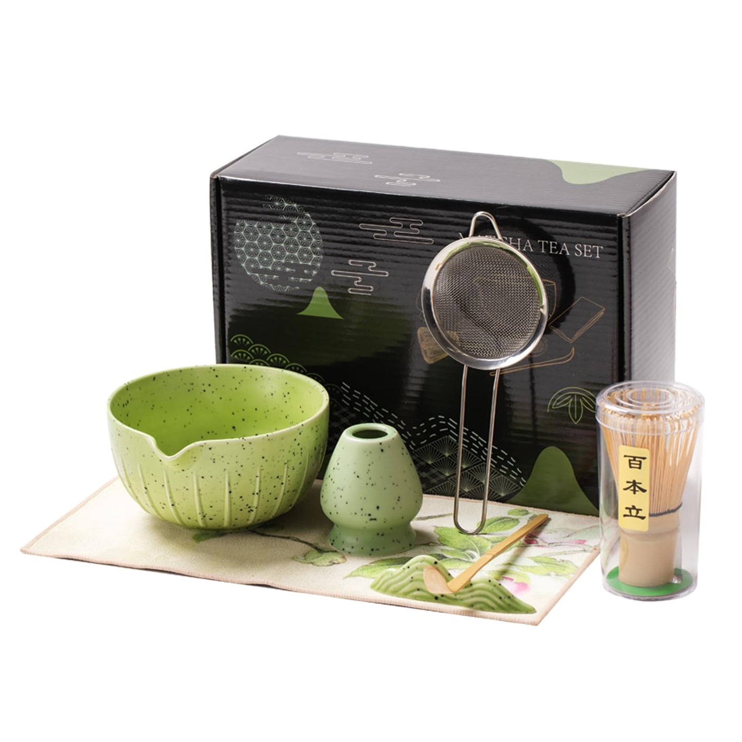 Matcha Set, Matcha Whisk and Holder, Bamboo Matcha Scoop and Stainless Steel Sifter - 7Pcs Gradient Green Matcha Kit for Matcha Lover