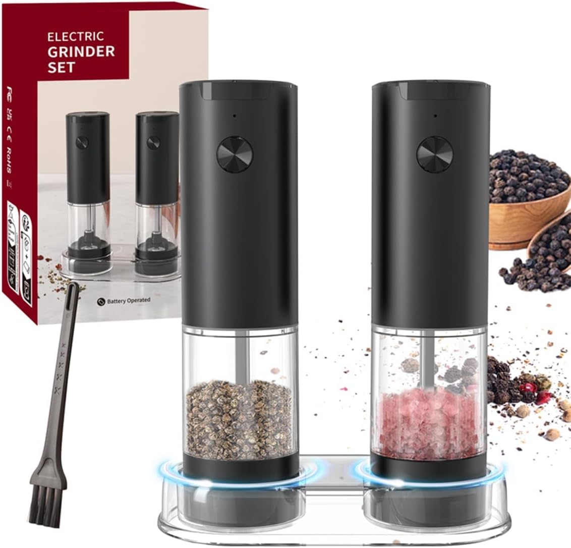 Skiennix Electric Salt and Pepper Grinder Set - Automatic Mill Shakers with LED Light & Adjustable Coarseness - Black