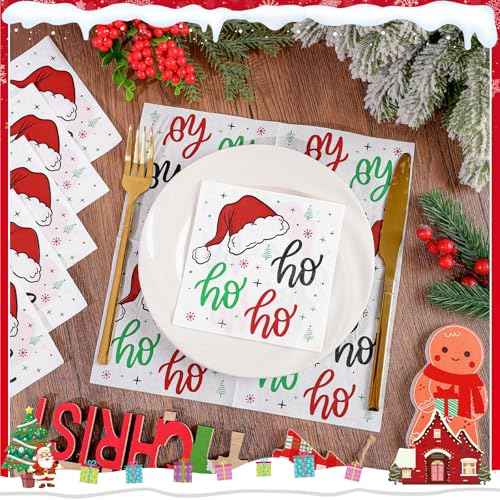 100 Pcs Funny Christmas Napkins, Disposable Christmas HoHoHo Cocktail Napkins Santa Holiday Paper Napkin Xmas Beverage Dessert Napkin for Winter, Holiday Dinner, 5 * 5 Inch
