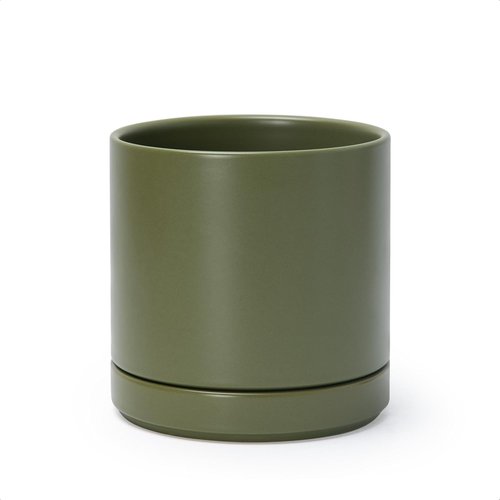 D'vine Dev Ceramic Planter Pot - 6.5 Inch Indoor Cylinder with Drainage Hole & Saucer | Olive Color