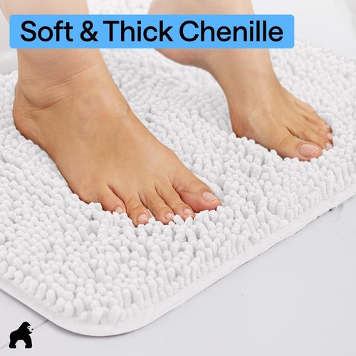 GORILLA GRIP Bath Rug Mat - Soft Absorbent Chenille | Quick Dry Microfiber, 54x24, White