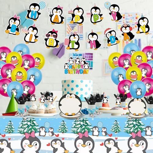 Buryeah 3 Pcs Penguin Tablecloth Birthday Party Decorations Supplies Plastic Penguin Table Cover Snowflake Tablecloth Disposable for Christmas Theme Party Decoration, 51 x 87 Inch
