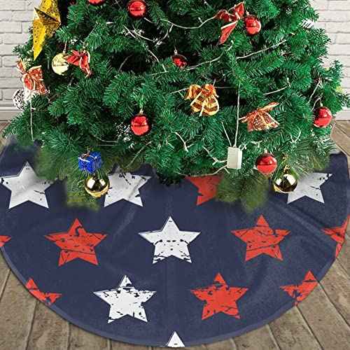 Christmas Tree Skirt, American Flag Day Memorial Day Patriotic Freedom Stars Xmas Large Tree Mat, New Year Festive Holiday Party Decorations 30" inches