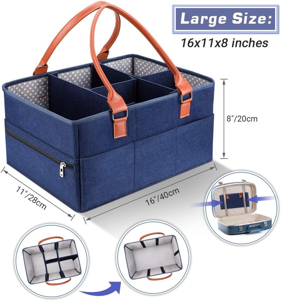 Marhynchus Large Portable Nappy Storage Basket - Detachable Divider Baby Diaper Caddy in Navy for Nursery & Travel