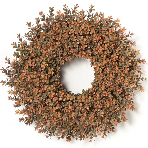 Fall Wreath for Front Door - 26 Inch Artificial Autumn Boxwood Decor - Orange