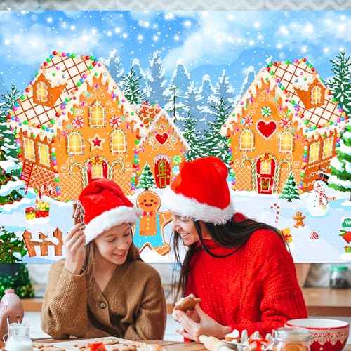Avezano Christmas Gingerbread House Backdrop Winter Merry Xmas Gingerbread House Banner Gingerbread Christmas Banner for Kids Newborn Baby Shower Birthday Party Decorations (6x3.6ft)