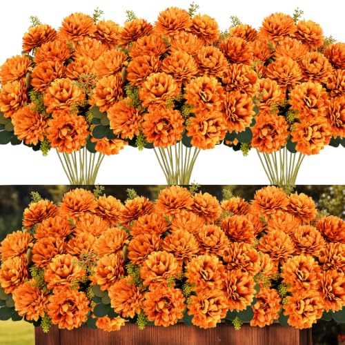 Waipfaru 8 Pcs Fall Artificial Mums in Orange - Realistic Faux Flower Decor
