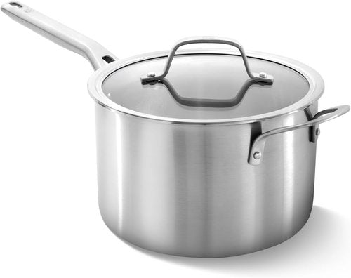 Calphalon Brushed 3-Ply Stainless Steel Cookware Set - Turbo Heat Technology, 4.5Qt Sauce Pan with Lid, Induction & Oven Safe to 450°F