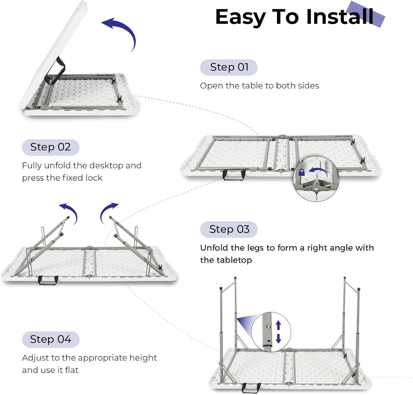 Byliable Folding Table - 4 Foot Portable Heavy Duty Utility Table | Adjustable Height, White, Ideal for Indoor & Outdoor Use