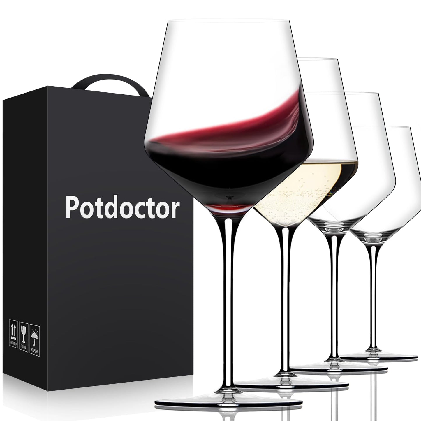 Potdoctor Red Wine Glasses Set of 4-18oz,White Crystal Hand Blown Wine Glass with Long Stem, Ultra-thin for Wine Tasting, Ideal for Anniversary, Birthday, Party