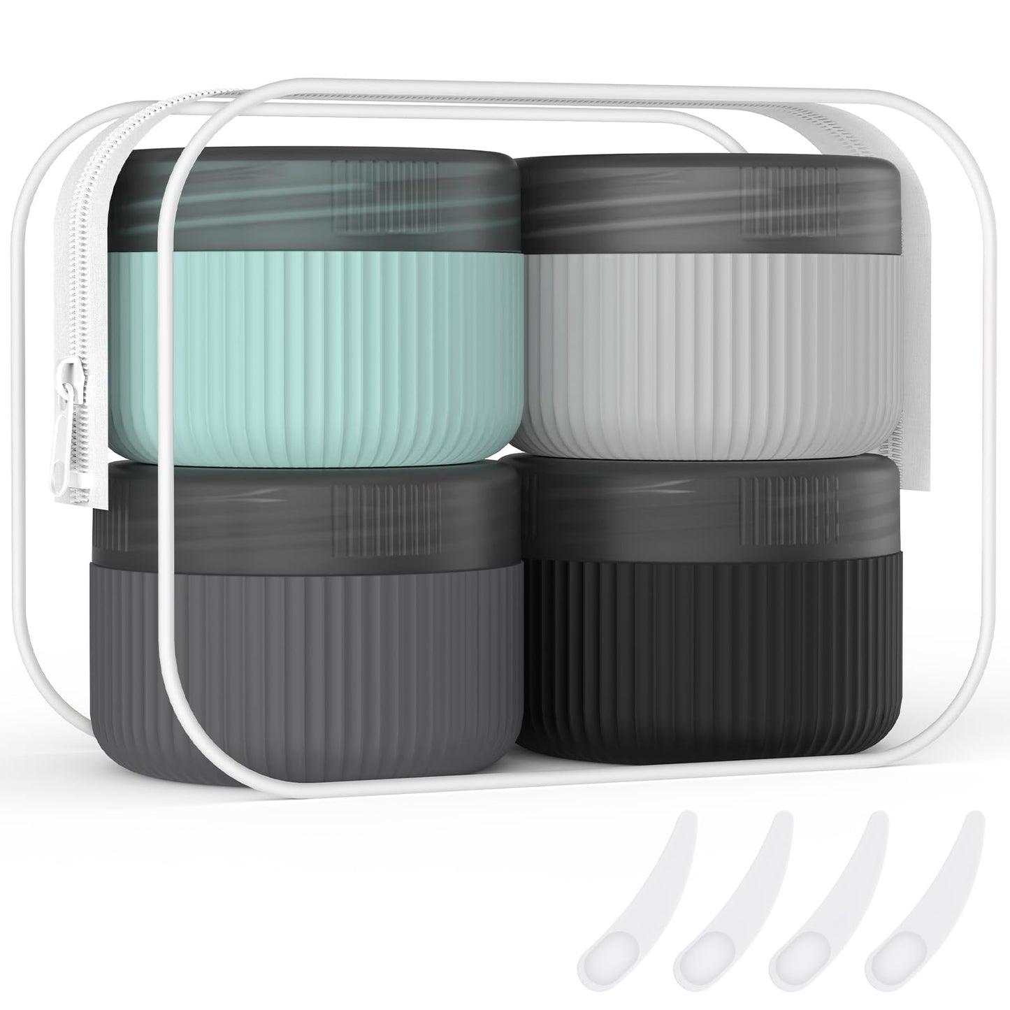 ME.FAN Travel Containers for Toiletries, TSA Approved 1.5 oz Silicone Cream Jars, Leak-proof Journey Containers, Trip Accessories with Lid for Cosmetic Face Hand Body Cream 4 Pack Black Lid - Grey