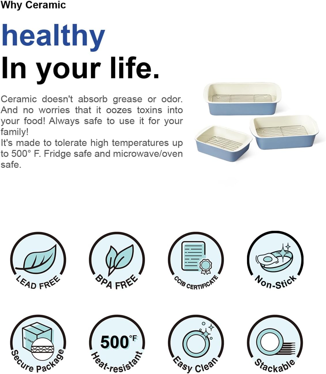 LE TAUCI Ceramic Baking Dish Set - Deep Casserole Dishes with Roasting Racks | Dusty Blue, 3-Piece Set (4.6QT/3.0QT/1.6QT)