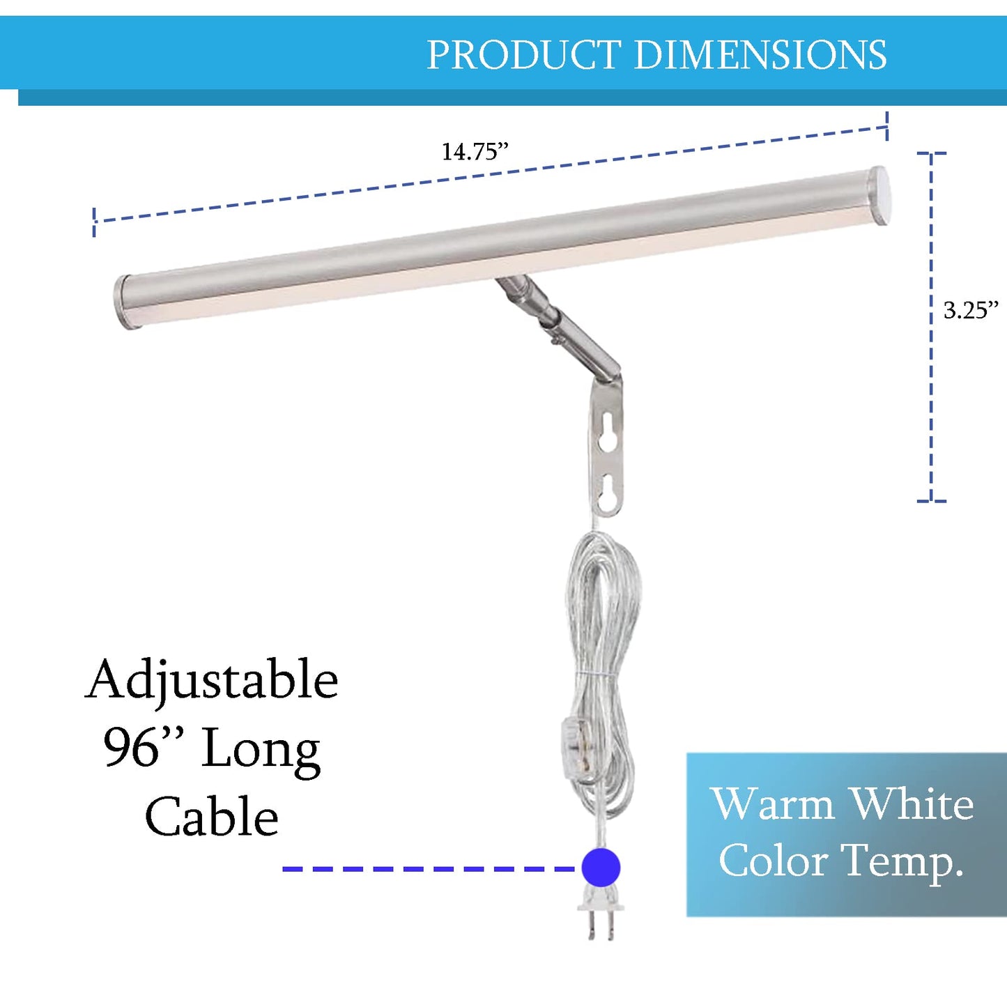 Ciata Picture Light, 14-Inches Picture Frame Light Integrated LED Art Light, 3000K 4 Watt Adjustable ‎Metal Picture Lights for Wall, Artwork Light with in-line On/Off Switch, CRI -90, Brushed Nickel