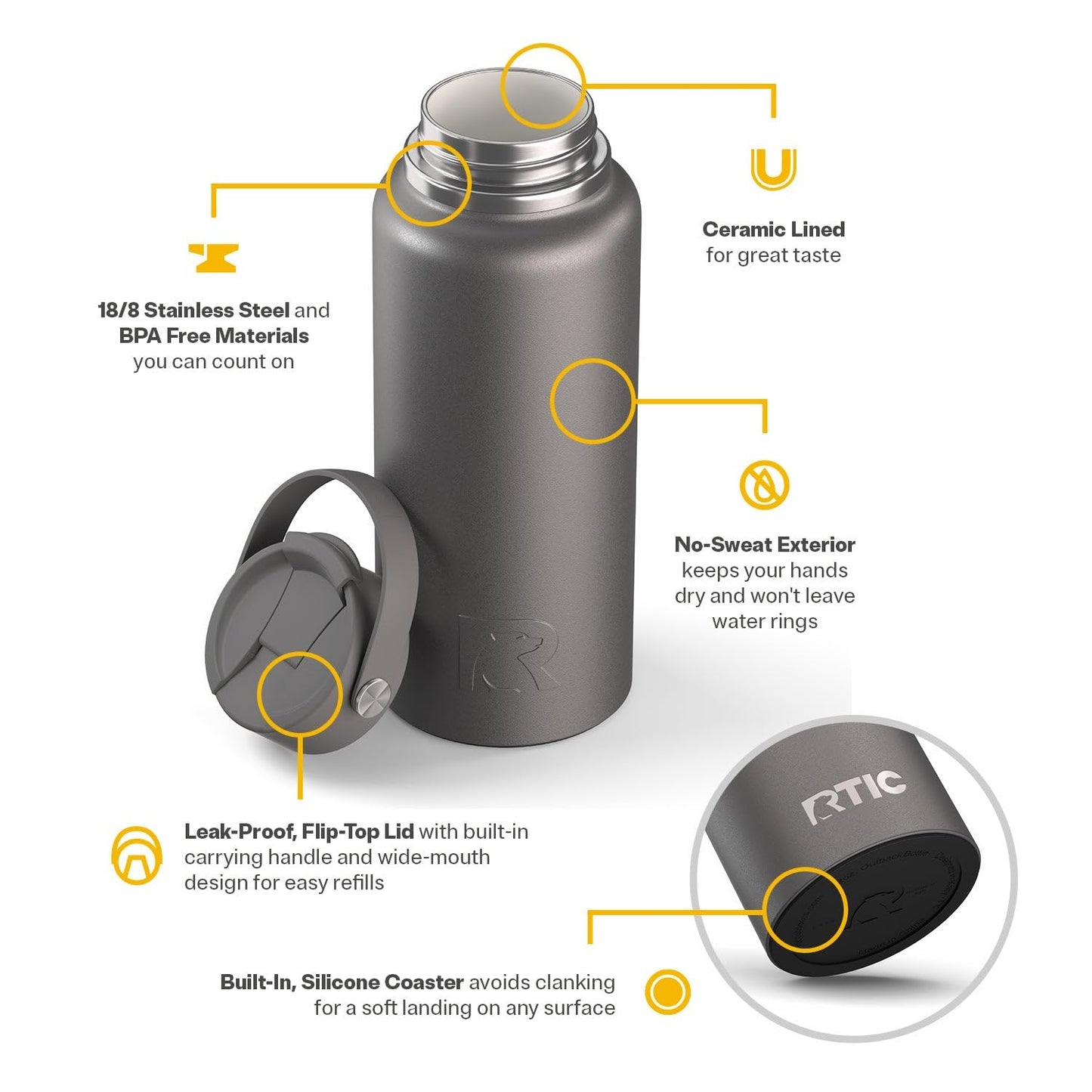 RTIC 32oz Outback Water Bottle, Ceramic Lined, Insulated, Stainless Steel, Double Wall Vacuum-Insulation, Leak-Proof Lid, BPA-Free Water Flask Hiking, Running, Sports, Outdoor, Graphite