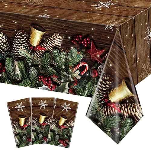 3 Pack Christmas Brown Wood Grain Tablecloth, Xmas Snowflake Gold Glitter Wooden Plastic Tablecovers, Rustic Barn Vintage Wooden Floor Backdrop for Christmas Western Winter Party Decors, 54 x 108 Inch