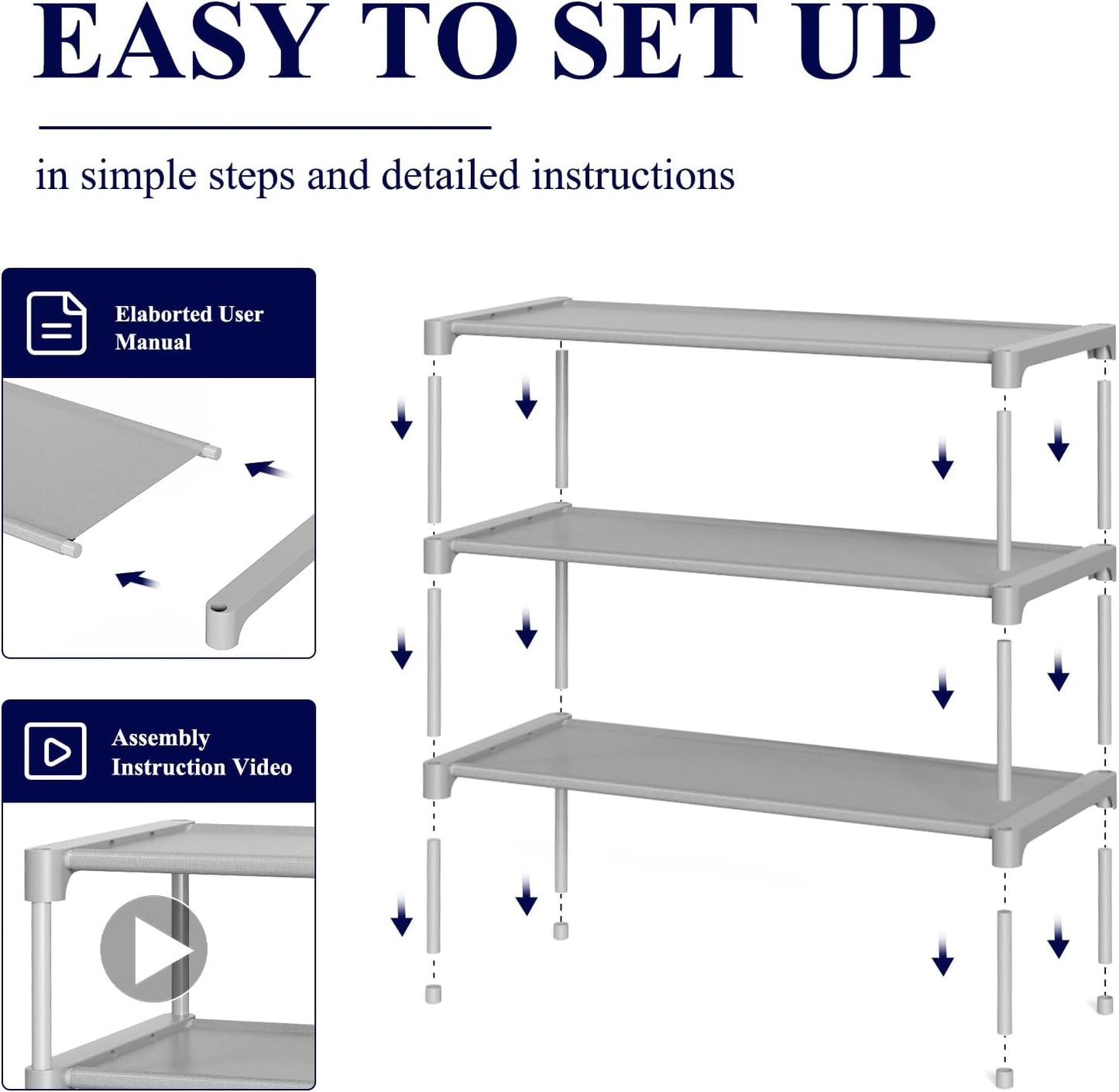 Kitsure Shoe Rack - Stackable Non-Woven Shoe Organizer for Closet & Entryway | 3-Tier, Grey, 27.5" Wide