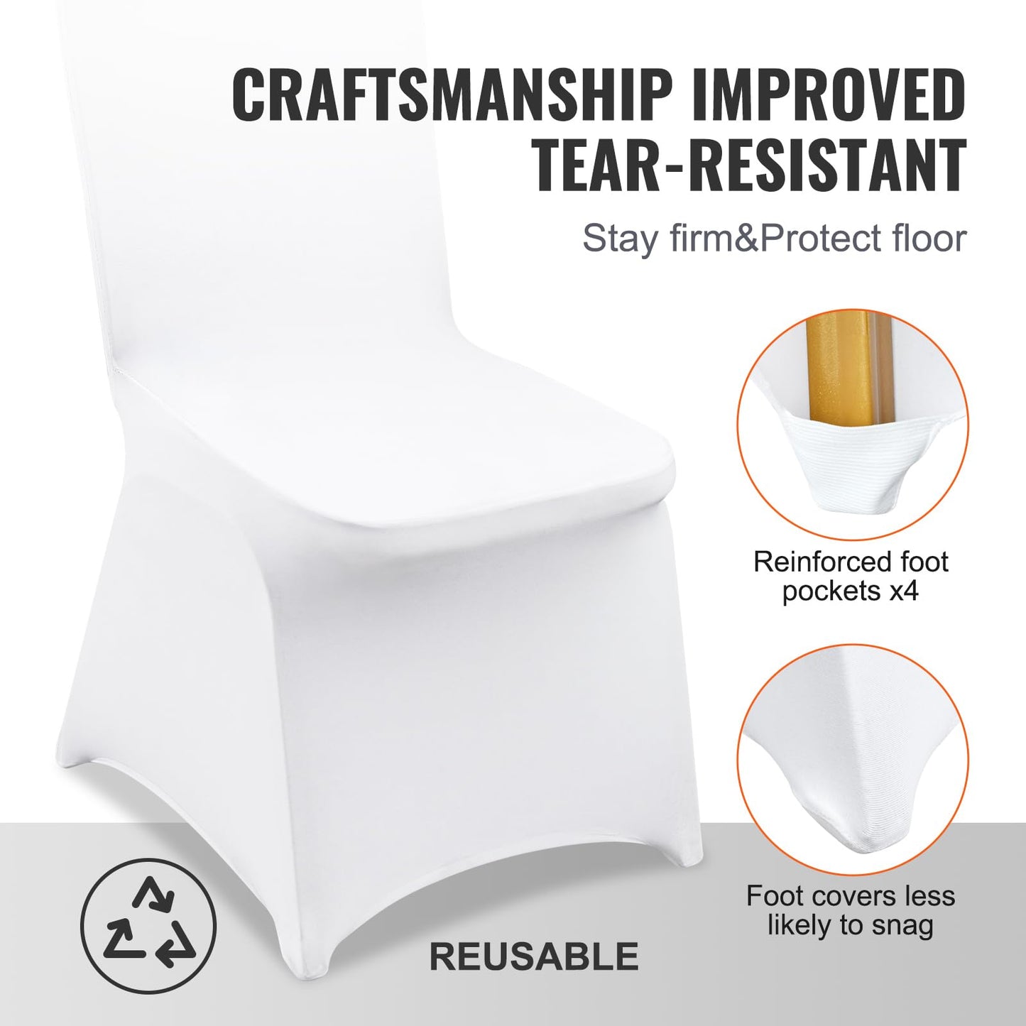 VEVOR 200 Pcs Flat-Front Chair Covers Polyester Spandex Chair Cover Stretch Slipcovers, Wedding, Holiday, Banquet, Party, Celebration, Dining, White