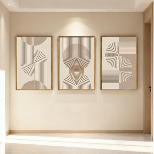 Anyzal Large Abstract Wall Art - Framed Boho Geometric Line Artwork | Minimalist Beige Painting Set of 3 (24''x36'') for Home & Office
