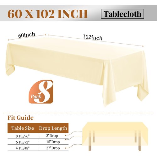 8 Pack 60 x 102 Inch Tablecloth, Beige Tablecloth for 6 Feet Rectangle Tables, Stain and Wrinkle Resistant Washable Fabric Table Cloth for Wedding Party Dining Table Buffet Parties and Camping
