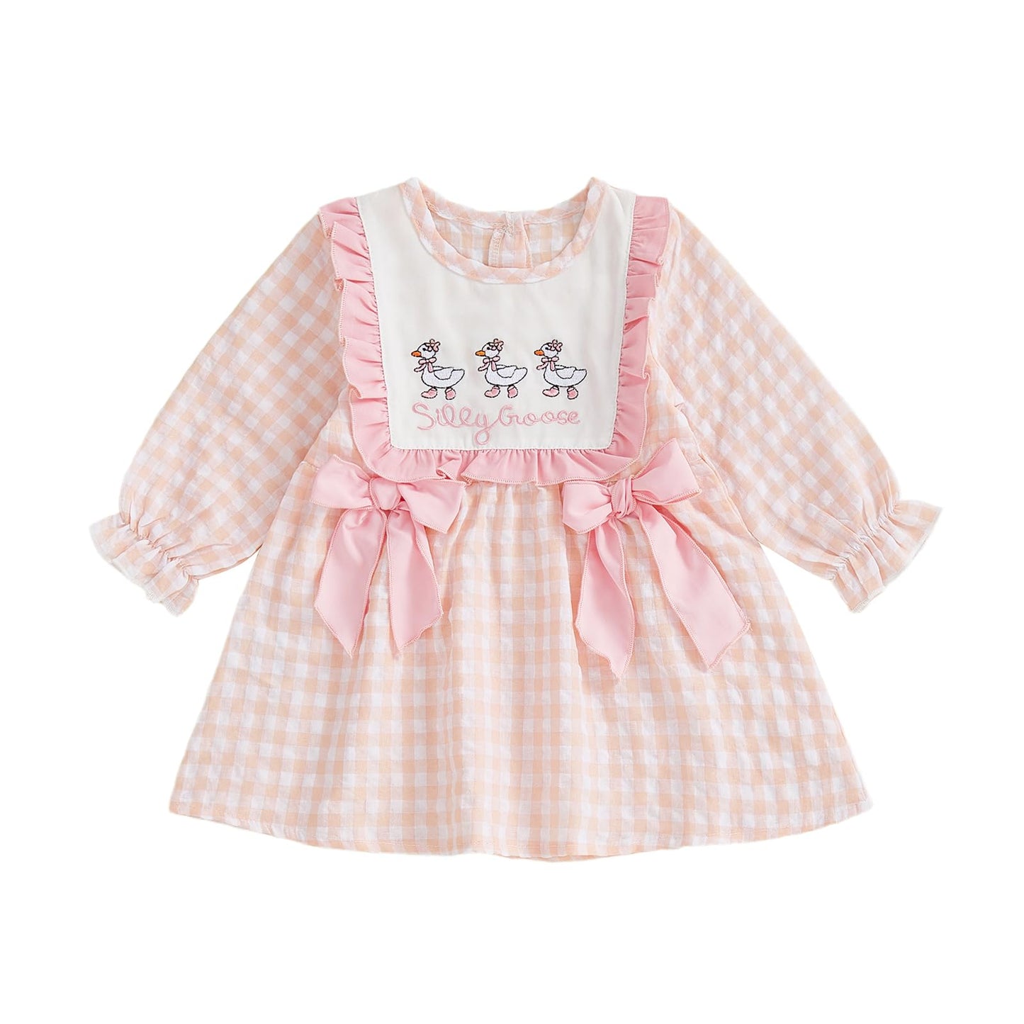 Toddler Baby Girl Fall Outfits Silly Goose Smocked Dress Long Sleeve Birthday Girl Dress Cute Smash Cake Clothes (Goose Letter Embroidery Pink, 12-18 Months)