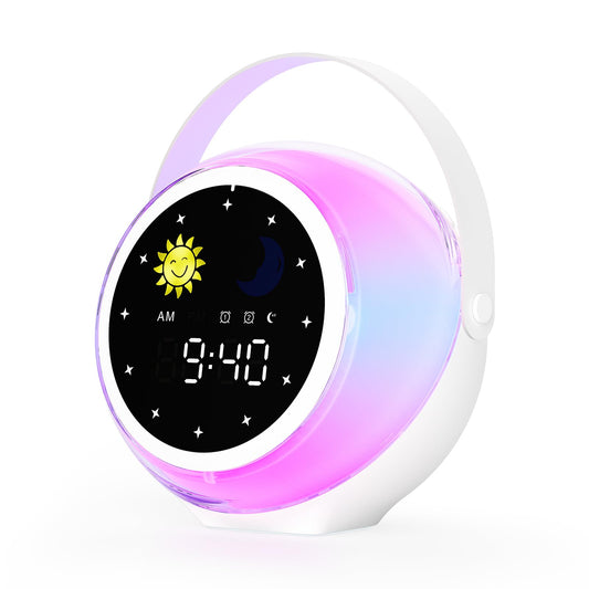 Kids Alarm Clock, Ok to Wake Clock for Toddlers with Sunrise & Moon for Bedroom Decor, Sleep Training Digital Clock with White Noise Sound & Night Light for Girls Boys (Pink-Blue)