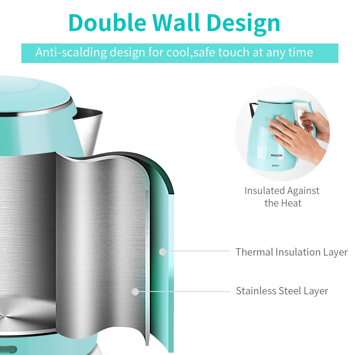 Electric Kettle(BPA Free), Double Wall Water Boiler Heater, Stainless Steel Interior, Cool Touch Coffee Pot & Tea Kettle, Auto Shut-Off and Boil-Dry Protection, 1.5L, 2 Year Warranty