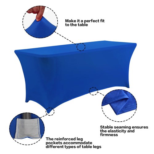IVAPUPU 2 Pack 4FT Table Cloth for Rectangular Fitted Events Stretch Royal Blue Table Covers Washable Cover Spandex Tablecloth Protector for Party, Wedding, Cocktail, Banquet, Festival