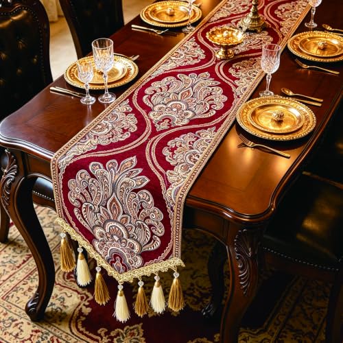 Christmas Burgundy Paisley Jacquard Table Runner 14x63 Inch with Tassels