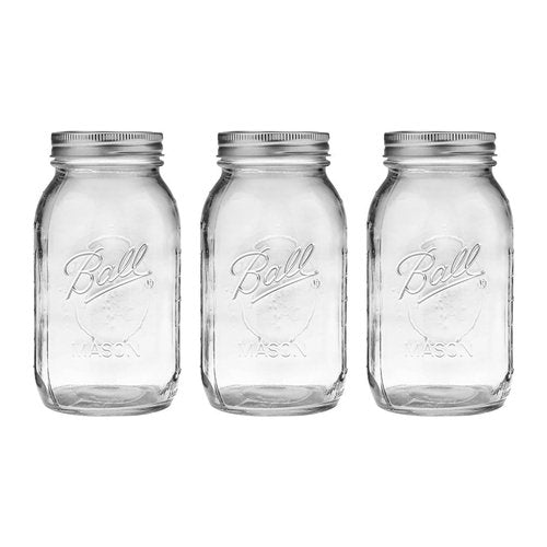 Ball Regular Mouth Glass Mason Jars with Lids and Bands, Used for Canning, Pickling, Juice, Jam, Jelly, Quart Size 32 Ounce (Pack of 3)
