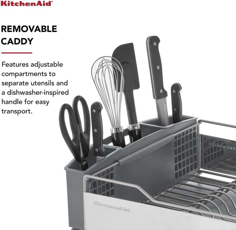 KitchenAid Large Capacity Dish Rack - Rust Resistant with Angled Drain Board & Removable Caddy | Light Grey
