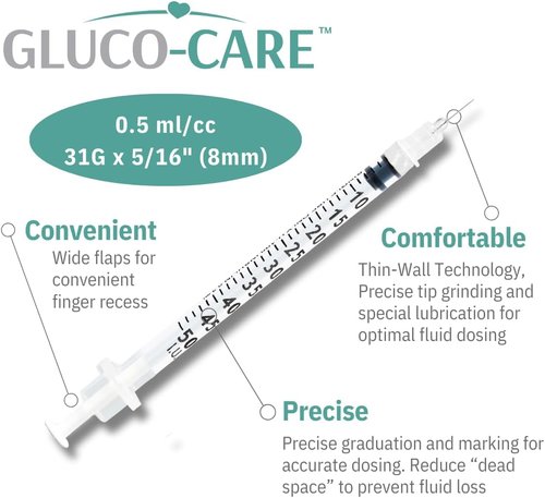 GLUCO-CARE 31G x 5/16’’ Syringes - 0.5 ml/cc, 100 Count for Precise Insulin Delivery
