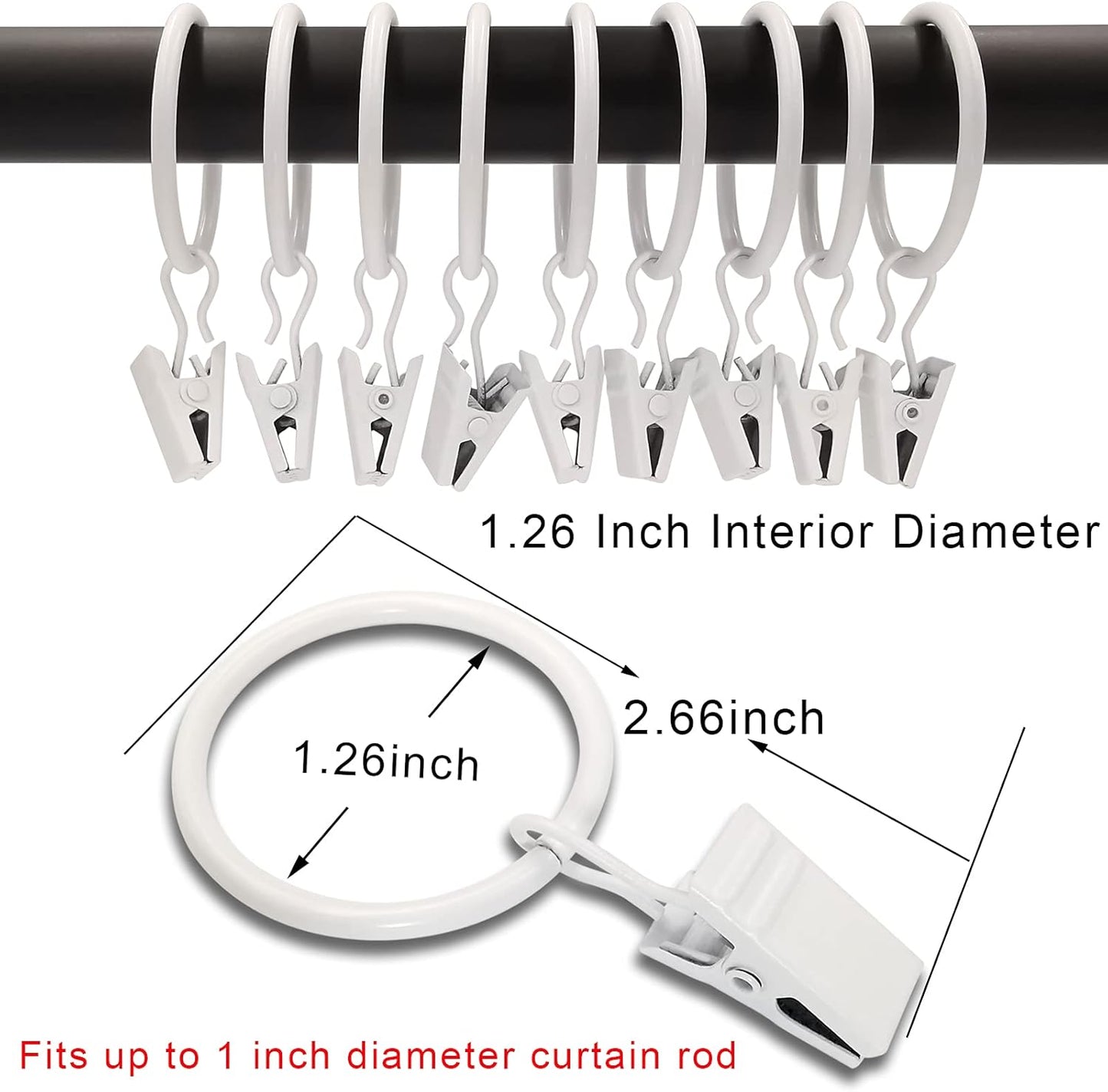 Skiennix Curtain Rings - 40 Pack Drapery Clips with 1.26" Interior Diameter - Fits 1" Rods, White