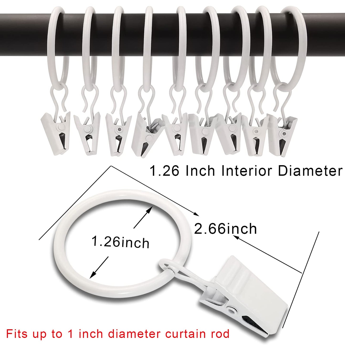 AMZSEVEN 40 Pack Curtain Rings with Clips, Drapery Clips with Rings, Drapes Rings 1.26 in Interior Diameter, Fits up to 1 in Curtain Rod, White